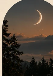 Crescent moon above a misty forest landscape