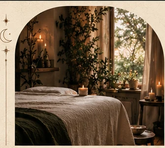 Candlelit, serene treatment room with linens and greenery